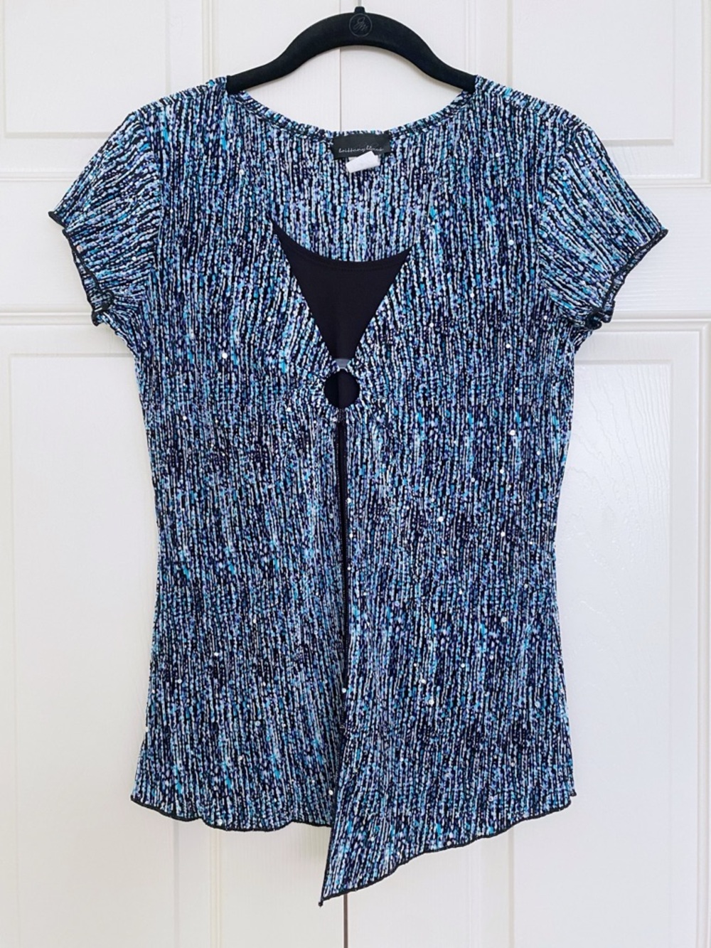 Y2K Brittany Black Sparkly Short Sleeve Top size S Black Blue White